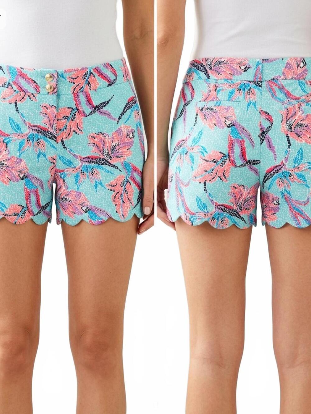 Crown & Ivy Ladies Blue Pink Abstract Print Short Scalloped Hem Dressy Casual